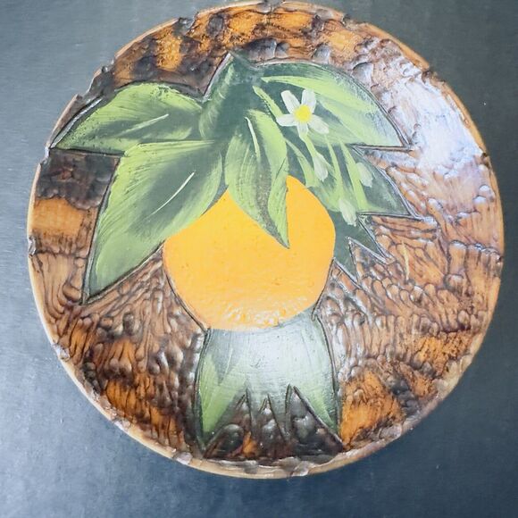 Carved Folk Art Wooden Bowl, Fruit Leaves Signed Lindsay Calif 1910, Vintage - Picture 1 of 9